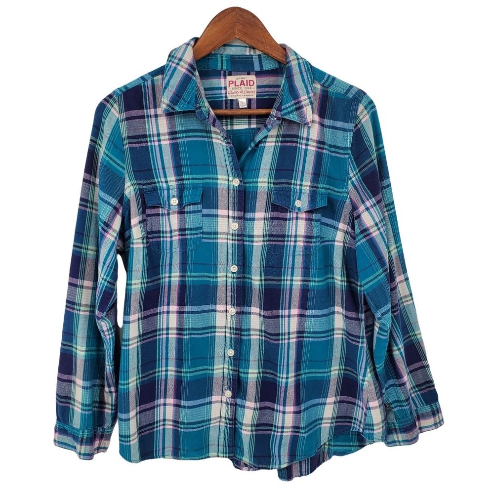 Old Navy Womens Blue Plaid Button Up Shirt Sz L Long Sleeve Flannel Cotton